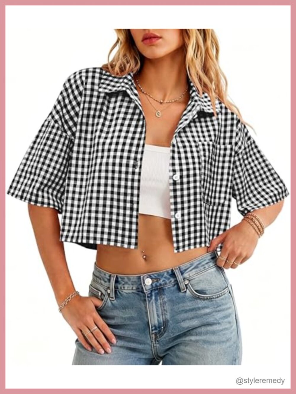 Womens 100% Cotton Gingham Crop Button Down Short Sleeve Blouse